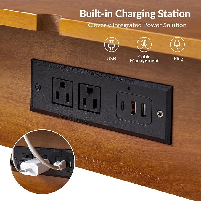 HULALA Home End Table with Charging Station, Side Table with Drawer and Pull-Out Shelf, Nightstand Bedside Table with USB Ports and Outlets, Acorn - Image 4