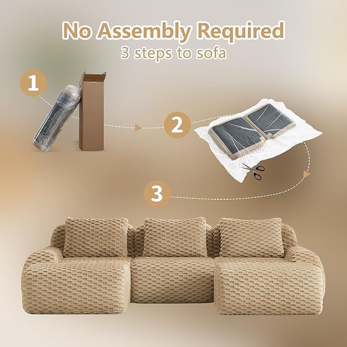 114" U-Shaped Compressed Sectional Cloud Sofa, Flannel Upholstered Modular Deep Seat Sofa with 5 Pieces, Symmetrical Boneless Foam Modular Cloud Couches for Living Room