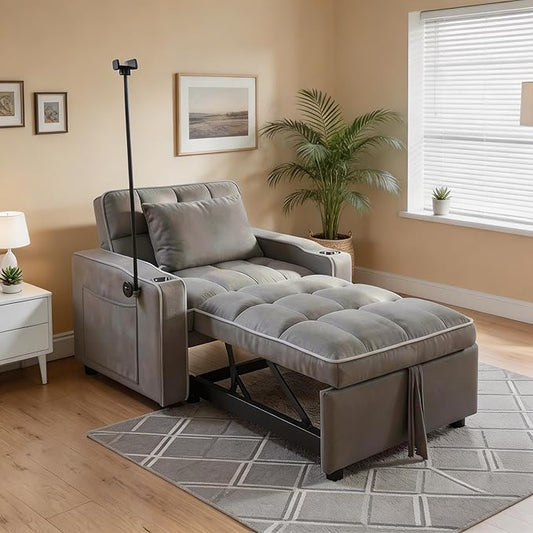 Sleeper Chair, Convertible Pull Out Chair Sleeper with Bracket and Cup Holder, Chairs Bed Sleepers for Adults, 3 in 1 Sofa Bed Chairs for Small Spaces, Living Room, Gray