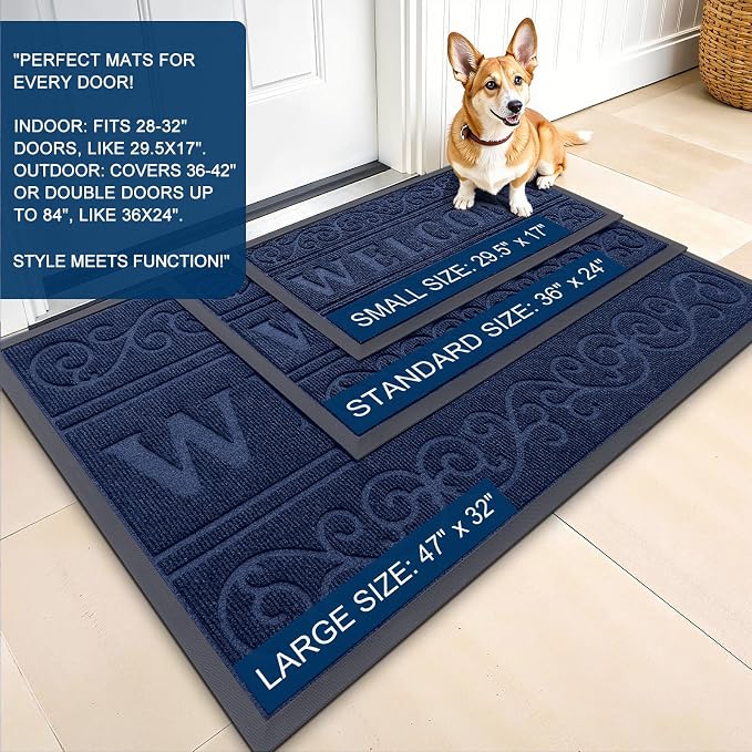 OLANLY Welcome Door Mat Indoor Outdoor Entrance, Heavy Duty Sturdy Front Door Mat, Waterproof All-Weather Doormat, Stain Resistant, Low Profile, Easy Clean Patio Entryway Mat, 29.5 x 17, Navy Blue - Image 3