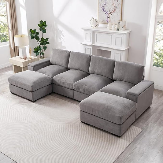 122" Oversized Modular Sectional Sofa Cloud Couch with 2 Ottomans, Comfy Corduroy Upholstered Deep Seat Large U Shaped Lounge Sofa&Couches with Hidden Arm Storage Box