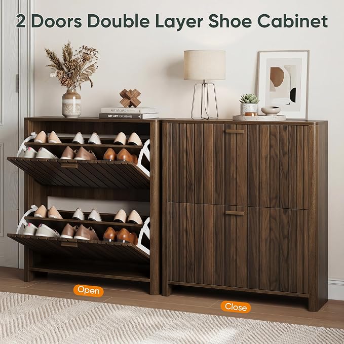 Smart FENDEE Shoe Cabinet with 2 Flip Drawers, 31.5 Inch Narrow Fluted Shoe Organizer with Gradient Wood Strips Door for Entryway Hallway, Living Room Storage Furniture, Walnut - Image 7