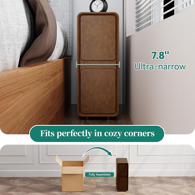 7.8" W Faux Leather Narrow Nightstand, Modern Fully-Assembled Bedside Table with 2 Drawers, Wood Night Stand Small Accent End Table & Side Table for Bedroom, Brown - Image 4