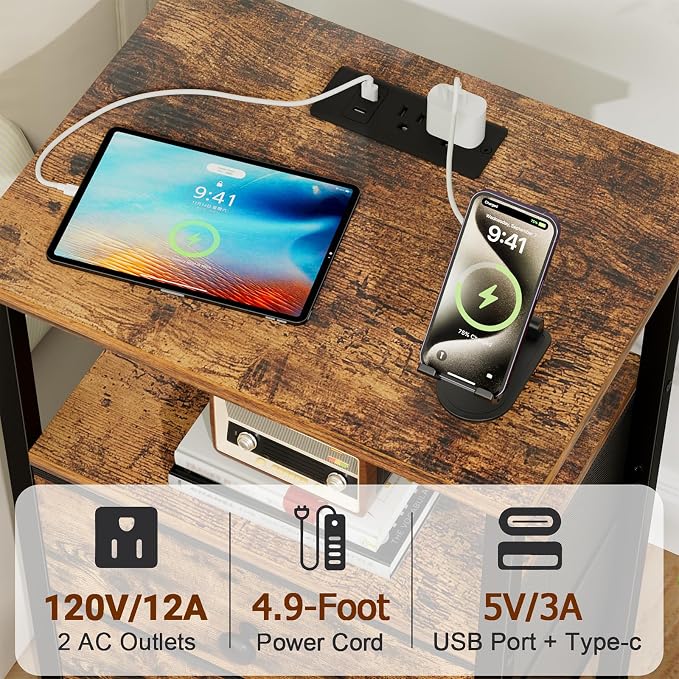 LOAKEKEL Night Stand with Charging Station, Small Bedside Table with 2 Fabric Drawers, Nightstand with USB Ports & Outlets for Bedroom, Brown, HETS020BR-1 - Image 4