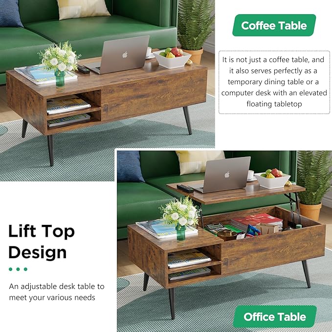 PayLessHere 39" Lift Top Coffee Table with Adjustable Storage and Hidden Compartment Small Wood Coffee Table Center Table for Home Living Room Office Apartment Reception Room,Brown