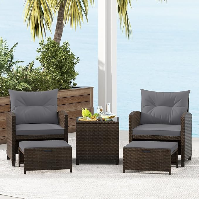 Tangkula 5 Pieces Patio Conversation Set, PE Wicker Rattan Outdoor Furniture Set with 2 Chairs, 2 Ottomans & Tempered Glass Coffee Table, Ideal for Poolside, Backyard, Lawn, Deck, Mix Brown & Grey