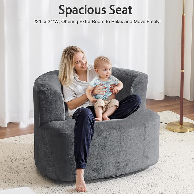 MELLCOM Oversized Swivel Accent Chair, Modern Curved Back Single Sofa Chair, Comfy All-Foam Compression Upholstered Round Armchair with Pillow,Cozy Chenille Barrel Chair for Living Room(Dark Grey)