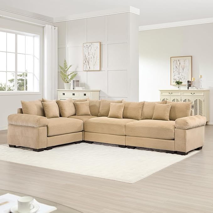 KEIKI 117" L-Shaped Oversized Corduroy Modular Cloud Sectional Sofa with High-Density Foam Cushion, Extra-Thick Armrest, Convertible 4-Seater Fluffy Corner Couch with 14 Pillow, for Living Room, Camel