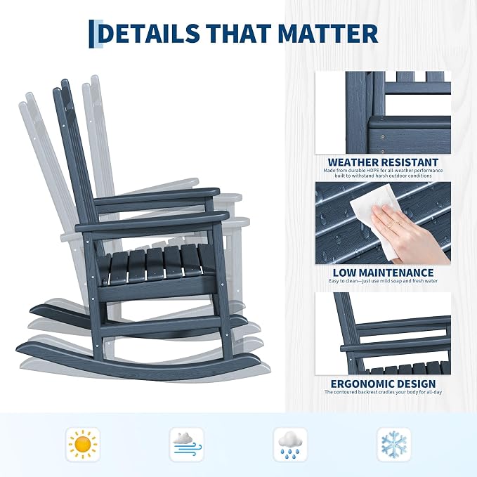 Garvee HDPE Rocking Chair Outdoor Set of 4 with 2 Side Table - Poly High Back Porch Rocker Chairs for Adults - All Weather Resistant Furniture for Patio Front Porch - Navy Blue - Image 5