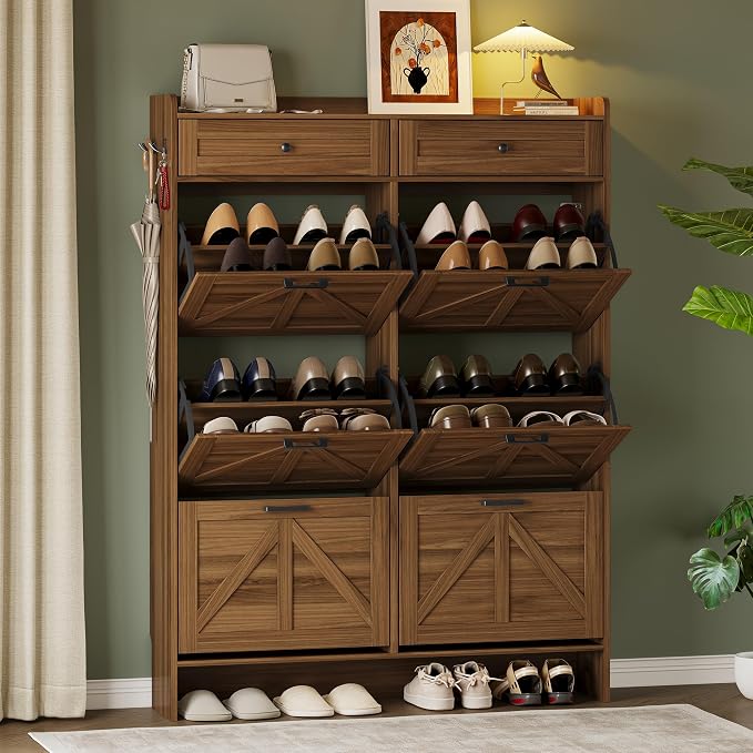 BORNOON Shoe Cabinet for Entryway, Farmhouse Shoe Storage Cabinet with 6 Flip Drawers and 2 Top Drawers, Tall Narrow Shoe Organizer Cabinet with Adjustable Shelves, Side Hooks and Anti-Tip Kit by BORNOON