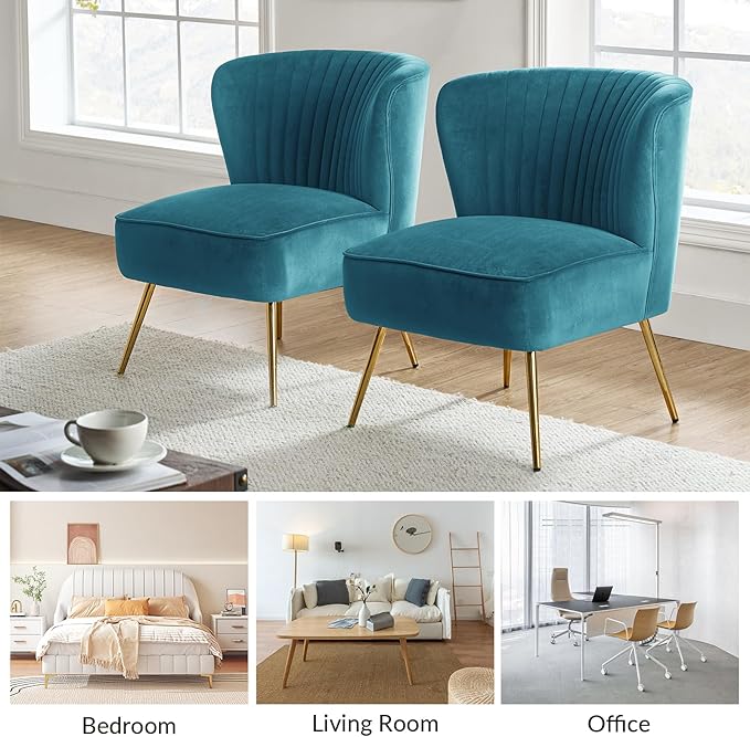HULALA Home Velvet Accent Chair Set of 2, Modern Armless Upholstered Side Chair with Glam Gold Metal Legs for Vanity Living Room Bedroom - Blue