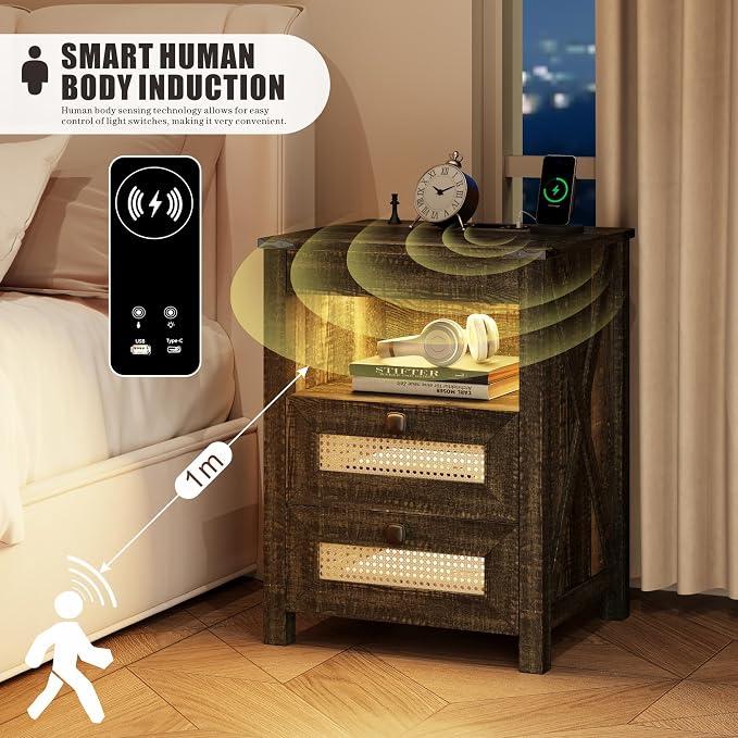 FREDEES Rustic Nightstand with Gun Drawer, End Table with Charging Station, LED Bedside Table with Human Sensor Light, Rattan Night Stand for Bedroom, Brown - Image 7