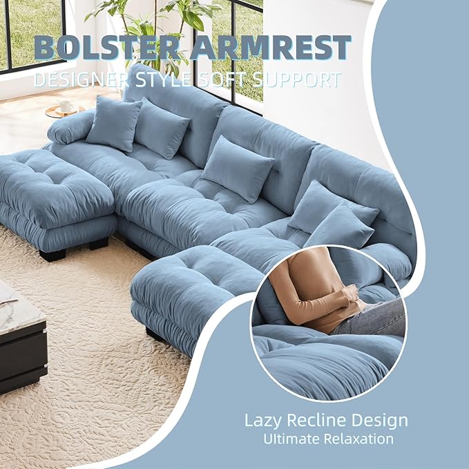 133.8" U-Shaped Cloud Couch, Oversized Modular Sectional Sofa, Deep Seat Cloud Boneless Couch, 3-Seat Modular Sectional Sofa with 2 Ottoman or Living Room,Bedroom and Apartment, Blue