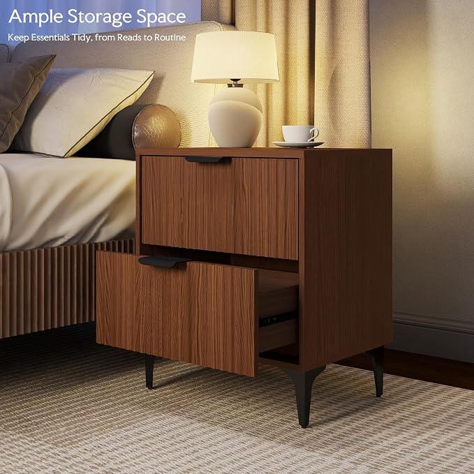 SUNWAVE Walnut Fluted Nightstand Set of 2, Modern Night Stands with 2 Drawers, Bedside Table for Twin/Full/Queen Bed, End Table with Robot-Friendly Metal Legs for Bedroom, Living Room - Image 4