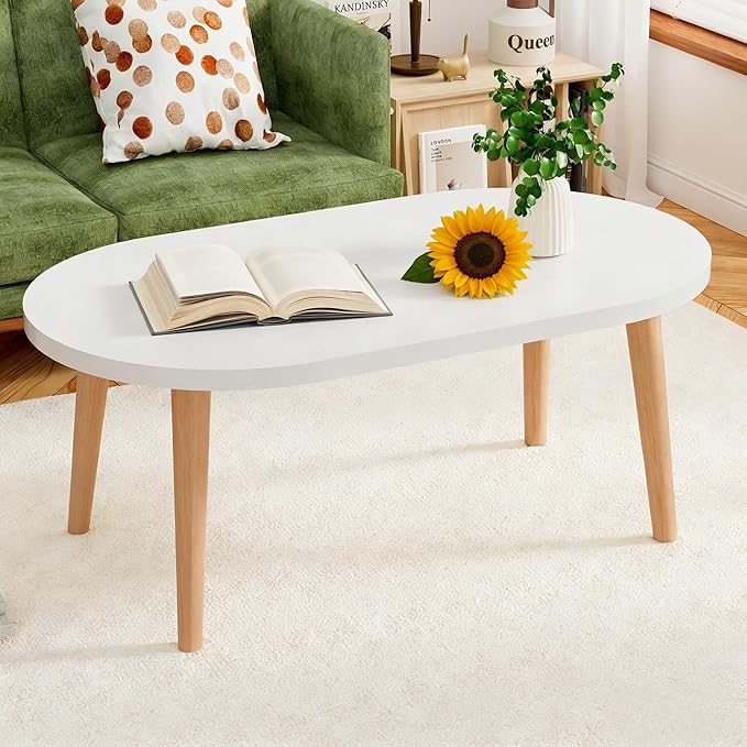 Coffee Table Low Table with 4 Solid Wood Leg, Floor Table Desk for Sitting on The Floor, Small Oval Coffee Table for Small Space, Side Table Japanese Coffee Table for Living Room Apartment Home, White