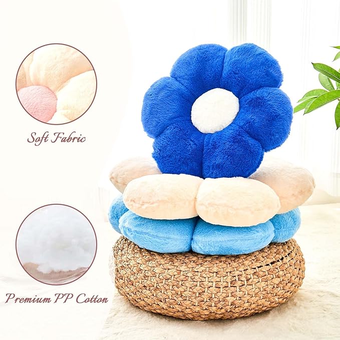 Kcvvcr Beige Flower Pillow, Cute Decorative Flower Shaped Throw Pillow with Faux Rabbit Fur, 14.9" Soft Daisy Plush Floor Cushion Aesthetic Room Decor for Bed Sofa Couch
