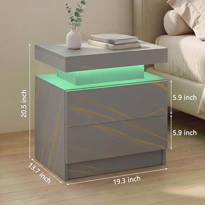 i-aplus Grey Night Stand with 2 Drawers LED Nightstands Bedroom Night Stand for Bedroom, Living Room - Image 2