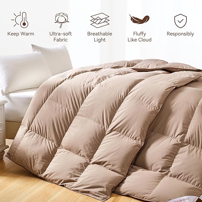 SNOWMAN Premium Down Comforter Cal King Size, Luxurious All Season Duvet Insert with Cotton Blended Fabric, 3D Baffle Box Design Hotel Bedding Comforter (Khaki,108"x98")