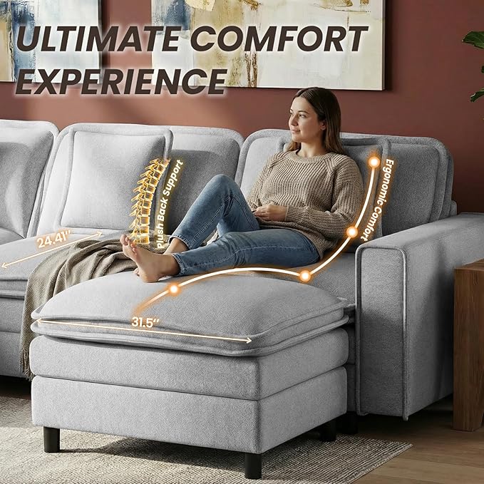 Modular Sectional Sofa 107", Comfy Cloud Couch with Ottoman, Deep 4-Seat L Shaped Modular Sofa, Couches with Throw Pillows for Living Room, Light Grey
