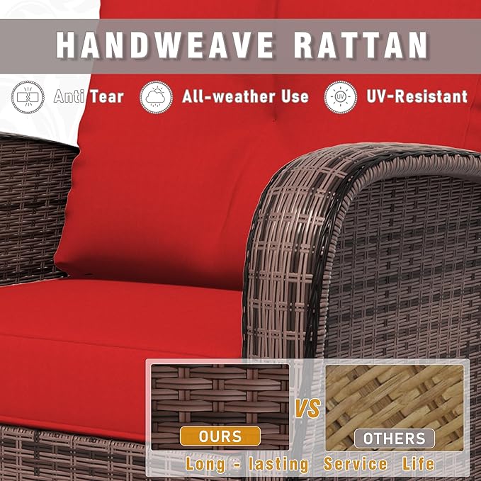 7 Piece Patio Conversation Set – 2 Swivel Rocking Chairs, 2 Coffee Tables & 3-Seater Sofa | PE Wicker Patio Sectional | Heavy-Duty Steel Frame & Weatherproof Cushions, Red