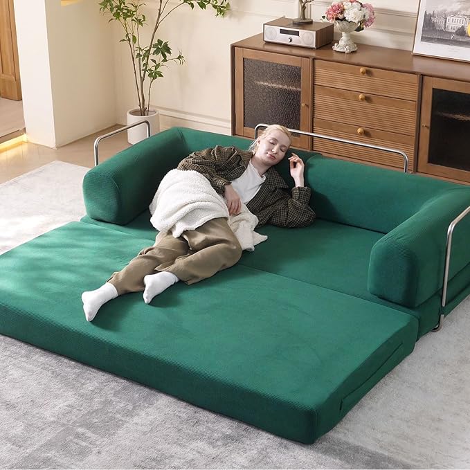 79" Convertible Sleeper Sofa Bed with Cylindrical Pillow, Corduroy Folding Mattress Couch with Fixed-Shape Frame, Floor Sofa Lounge Couch for Living Room Bedroom Lounge Studio (Green)