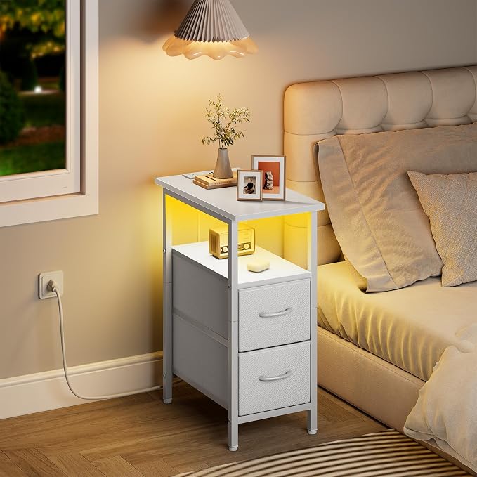 Vagusicc White Nightstand with Charging Station and LED Lights, Narrow Side Table, LED Night Stand with 2 Fabric Drawers, Bedside Table with USB Ports and Outlets, Tall Nightstand for Bedroom, White - Image 7
