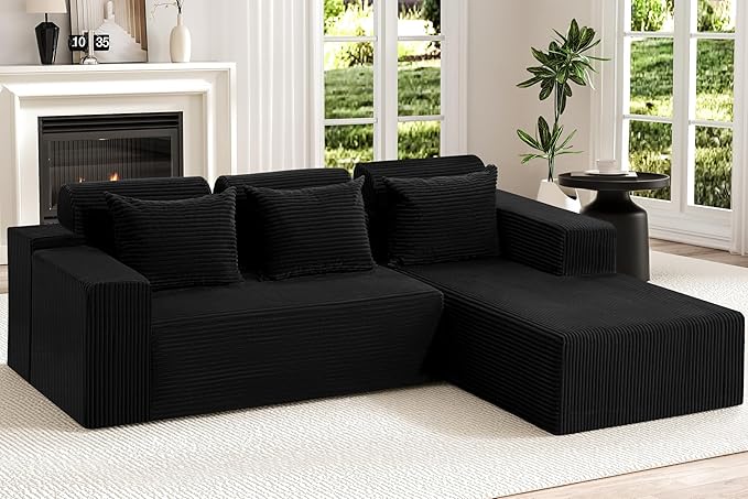 Homguava Modular Sectional Couches for Living Room,105" Cloud Couch with L-Shape Chaise,Comfy Sofa Living Room Sofas with Deep Seat,No Assembly L Couch,Corduroy Fabric(Black,R)