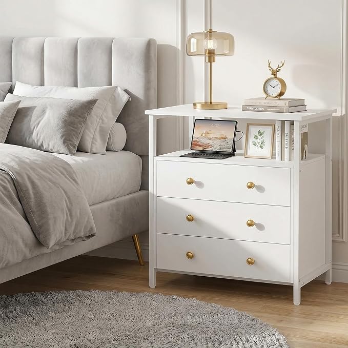 Edbuosy 3 Wooden Drawers Nightstand, 27 Inch Wide Night Stand Set 2 with Charging Station and Adjustable Drawers, Small Dresser for Closet, Bedside Table for Living Room/Bedroom/Office, White. - Image 5
