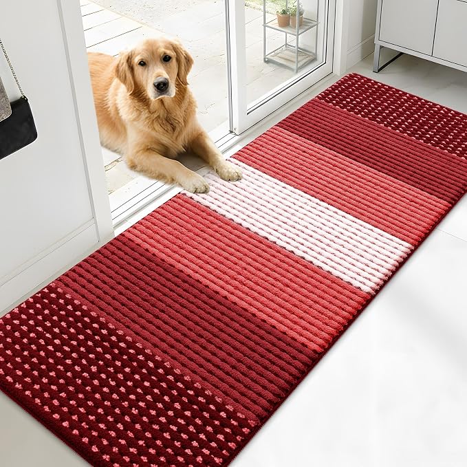 Kitinjoy Indoor Outdoor Door Mat, 71x24 Non-Slip Absorbent Dirt Trapper, Low-Profile Washable Inside Entrance Front Floor Mat, Sturdy Soft Entry Dotted Ombre Doormats for Entryway, Burgundy by Kitinjoy