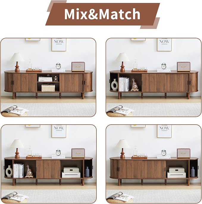 FurSch 70.87”Tambour TV Stand for 50-80 Inch, Mid Century Entertainment Center with Large Storage Cabinet & Open Shelves, TV Console with Sliding Doors for Living Room, Bedroom(Walnut, 70.87inch) - Image 4