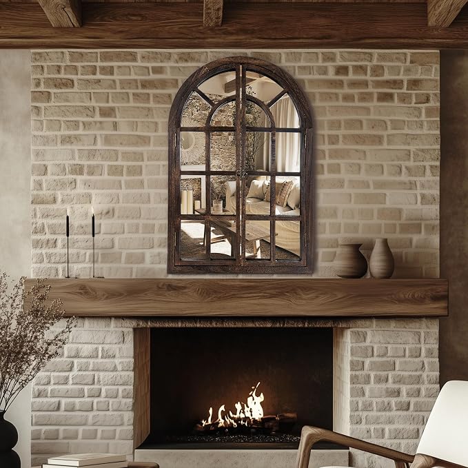AMOISE Arched Wall Mirror with Window Pane Design 38 x 26 Inch Rustic Farmhouse Wood Decorative Mirror for Living Room Bedroom Entryway - Image 4