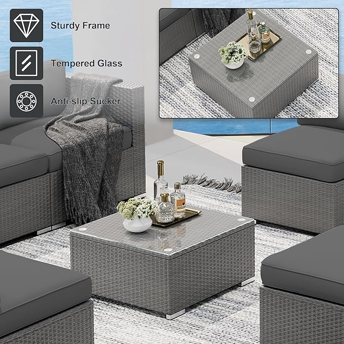 SUNCROWN UNCROWN Outdoor Patio Furniture Set 7 Piece Outdoor Sectional Sofa Grey Wicker Conversation Sofa Set with Coffee Table and Cushions, Backyard, Garden, Poolside, Grey
