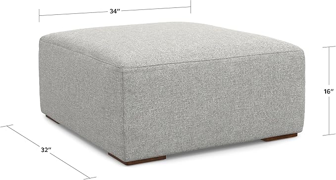 SIMPLIHOME Rex Ottoman - 34 inch Wide Upholstered Performance Fabric Square Ottoman in Pale Grey, Modern Bench for Living Room or Bedroom with High-Density Cushion, Assembled