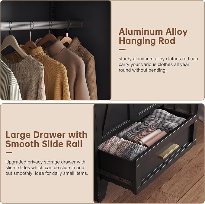 LCAOPC 71" Tall Metal Wardrobe Cabinet with Drawer and Hanging Rod, 2 Doors Armoire Wardrobe Closet with Shelf for Bedroom, Office, Laundry Room, Black