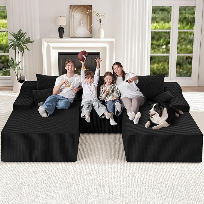 HABUTWAY 94“ U Shaped Modular Sectional Couch for Living Room, Modular Cloud Sofa with Ottoman, No Assembly Boneless Couches with Deep Seat, Corduroy Fabric (Black, Left Facing)