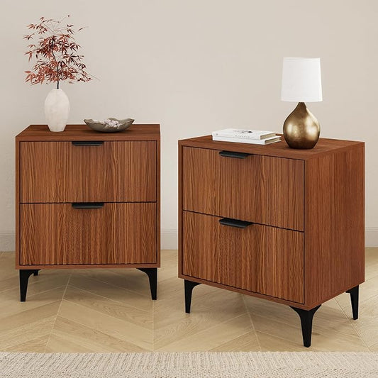 Wood Night Stand Set 2 Fluted Dresser for Bedroom 2 Drawers End Tables Nightstands Set of 2, Storage Modern Bedside Table Set of 2, Walnut Nightstand by Unknown