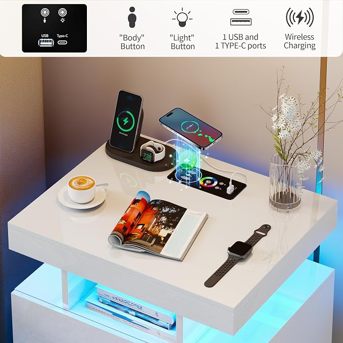 Smart Night Stand with Charging Station, Modern White Nightstand with 24 Color Lights and 2 Drawers, LED Bedside Tables with Auto Senor,High Gloss End Table for Bedroom - Image 7