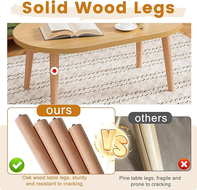 Coffee Table Low Table with 4 Solid Wood Leg, Floor Table Desk for Sitting on The Floor, Small Oval Coffee Table for Small Space, Side Table Japanese Coffee Table for Living Room Apartment Home, Brown