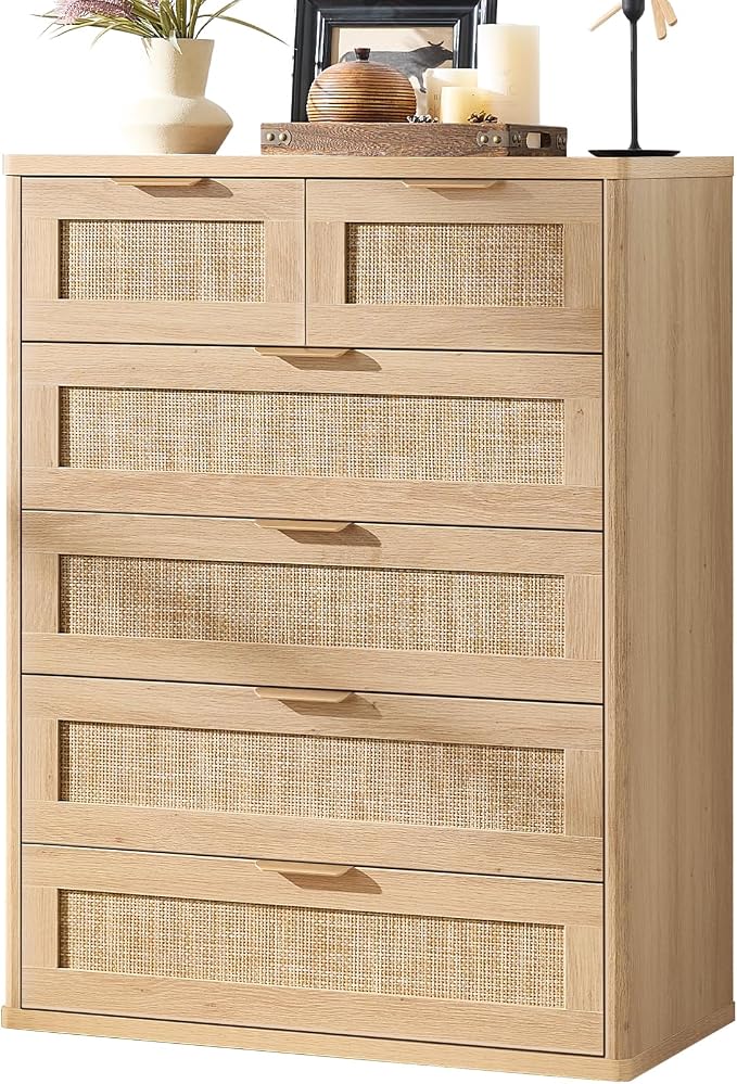 LEYAOYAO Rattan Dresser for Bedroom Set of 2, 41" Tall Chest of Drawers, Modern 6 Drawers Boho Dressers with Storage, Light Oak Dresser Wooden Closet Organizer for Living Room, Hallway, Natural Wood by LEYAOYAO-Findtheshiningpointofyourideallife%EF%BC%81