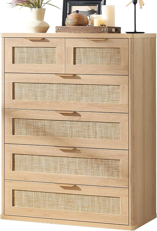 LEYAOYAO Rattan Dresser for Bedroom, 41" Tall Chest of Drawers, Modern 6 Drawers Boho Dressers with Storage, Light Oak Dresser Wooden Closet Organizer for Living Room, Hallway, Natural Wood by LEYAOYAO-Findtheshiningpointofyourideallife%EF%BC%81