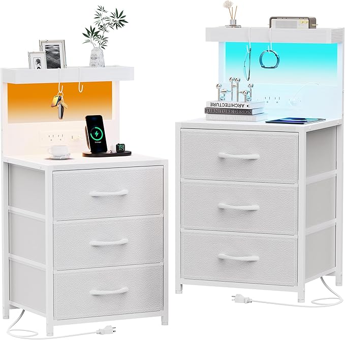 Night Stand with Charging Station Set of 2, LED Nightstand Bedside Table with USB Ports and Outlets, 3 Fabric Drawer End Side Table Night Stand Set 2 for Bedroom with Storage Shelf and 2 Hooks, White by SZLHANJZ