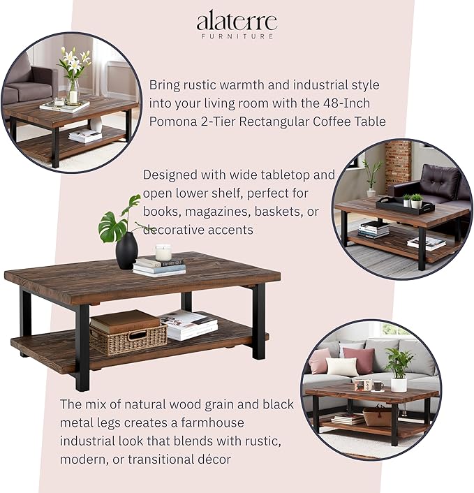 Alaterre Furniture Pomona Living Room Tables – 48 Inch Rectangular Solid Wood Coffee Table with Storage Shelf & Metal Legs – Rustic Industrial Farmhouse Large Living Room Table (Rustic Brown)