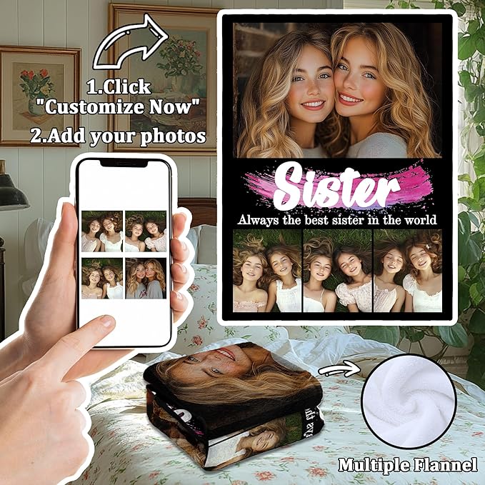 Personalized Best Sister Ever Gifts, Custom Blanket with Pictures Text, Birthday Gifts for Sister, Personalized Blanket with Photo for Women Best Friend, Besties, Friendship, BFF