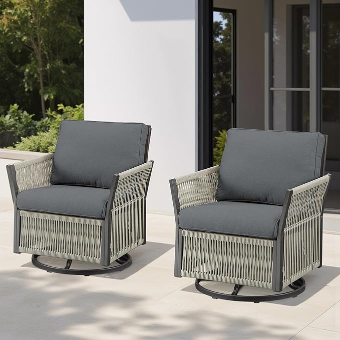 Outdoor Patio Furniture Set, 2025 New Outdoor Swivel Rocking Chairs Set of 2, Patio Wicker Chairs Swivel Rocker for Deck Porch Balcony (Grey)