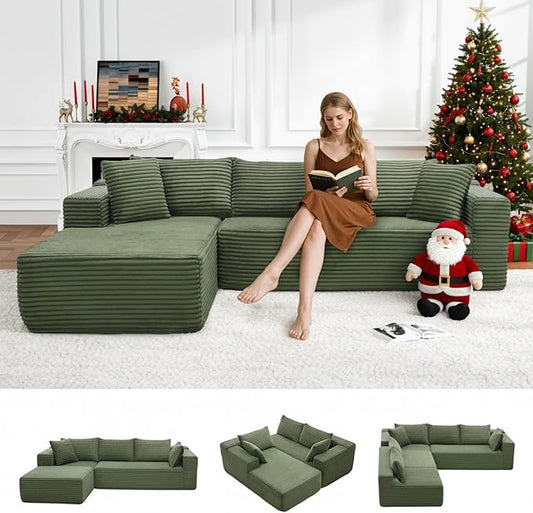 Cloud Sectional Couch, Modular Sectional Sofa with Right Chaise Lounge, Modern Modular L-Shape Sofa with Pillows & Deep Seat, Boneless Couches for Living Room Bedroom, Green