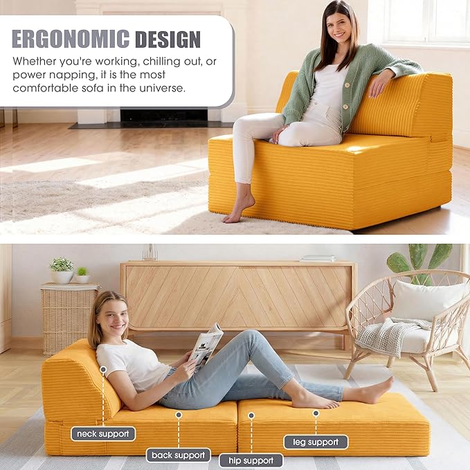 Folding Sofa Bed with Pillow, Memory Foam Fold Out Chair Bed, Convertible Sleeper Chair with Washable Cover, Futon Floor Couch for Living Room/Dorm/Guest Use/Home Office/Apartment,Orange