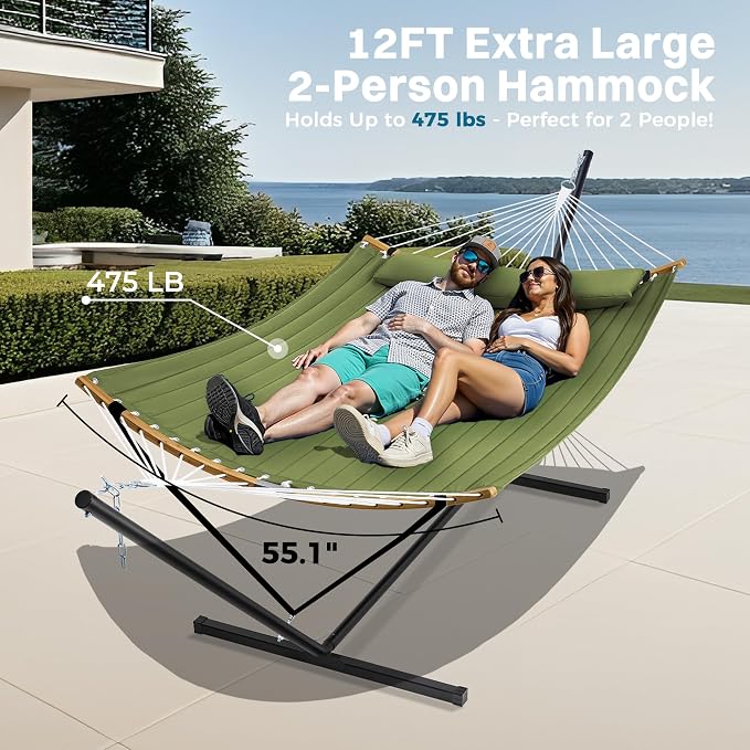 SUPERJARE Curved-Bar Hammock with Stand, 2 Person Heavy Duty Hammock Frame, Detachable Pillow & Portable Carrying Bag, Perfect for Outdoor & Indoor, Spring Green - Image 3