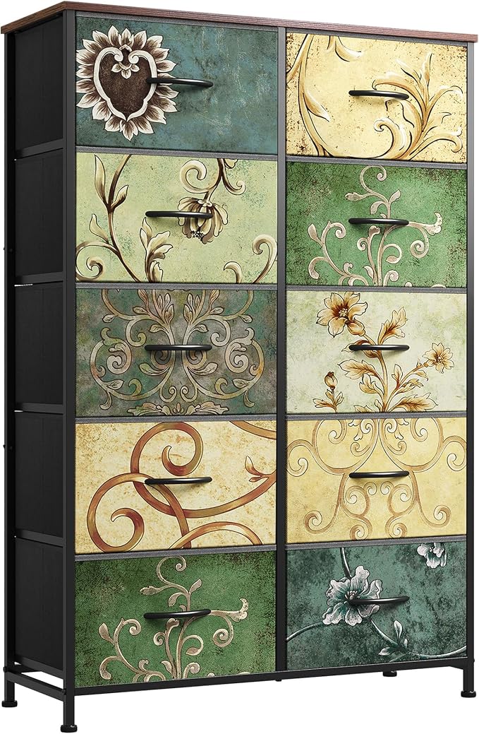 WLIVE Tall Dresser for Bedroom with 10 Drawers, Chest of Drawers, Fabric Dresser for Closet, Hallway, Living Room, Entryway, Floral Painted by WLIVE
