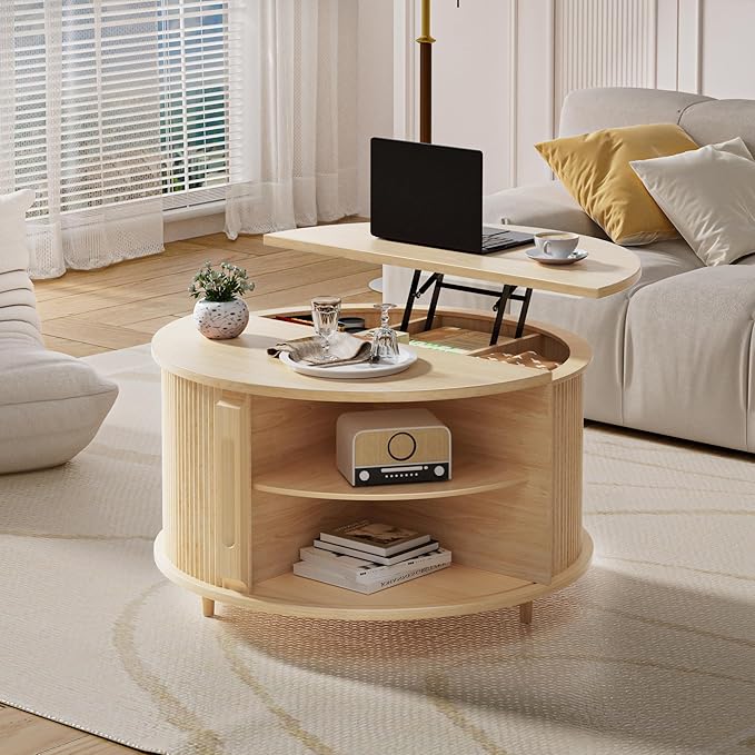 Round Lift Top Coffee Table, 31.5" Fluted Wood Lift Up Center Table with Sliding Door & Hidden Storage – Mid Century Modern Circle Coffee Table for Living Room, Apartmentm, Home Office (Natural)