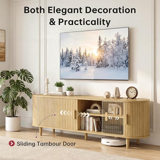 65" Mid Century Modern TV Stand, Wood TV Consoles with Sliding Doors and Power Outlet, Fluted Entertainment Center with Adjustable Shelves, Media Console for Living Room, Oak - Image 3
